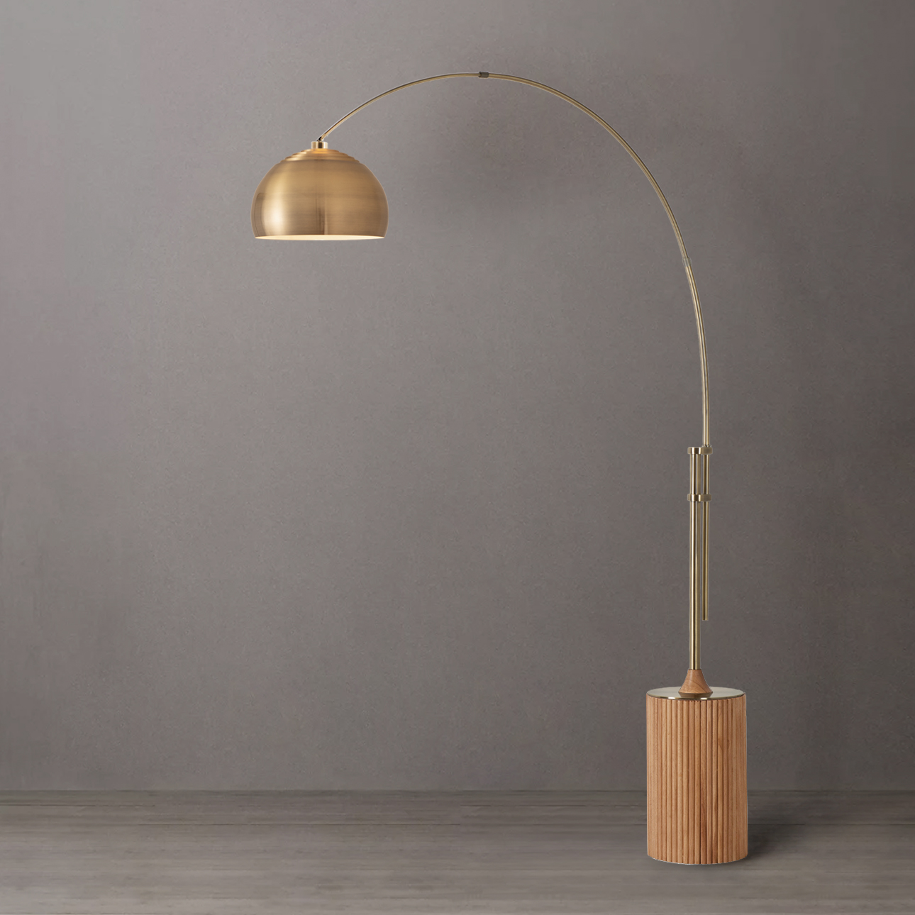 Tambo 92″H 1-Light Arc Lamp, Weathered Brass Steel Shade, Weathered Brass Steel Body, Natural Ash Wood Base, Floor Foot Slide Dimmer