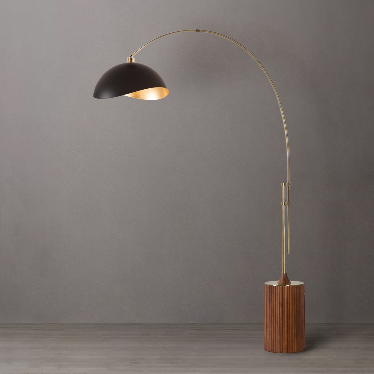 Tambo 92″H 1-Light Arc Lamp, Matte Steel Shade, Weathered Brass Steel Body, Dark Walnut Wood Base, Floor Foot Slide Dimmer