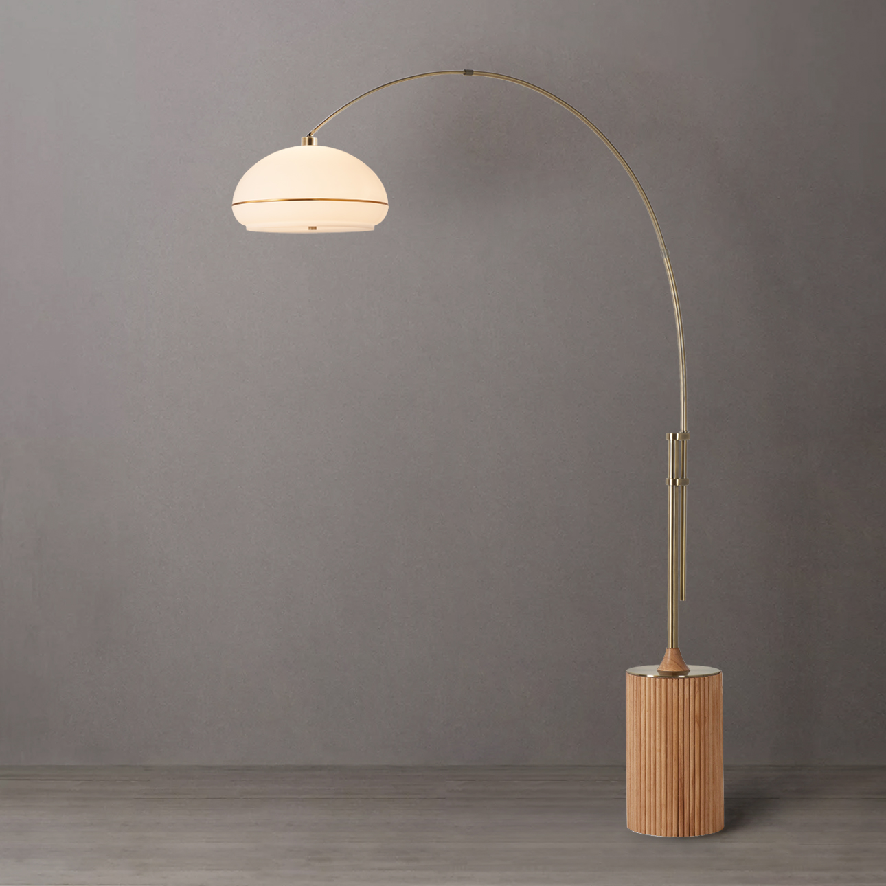 Tambo 92″H 1-Light Arc Lamp, Weathered Brass Lucite Shade, Weathered Brass Steel Body, Natural Ash Wood Base, Floor Foot Slide Dimmer
