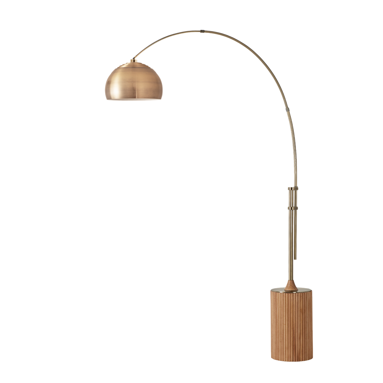 Tambo 92"H 1-Light Arc Lamp, Weathered Brass Steel Shade, Weathered Brass Steel Body, Natural Ash Wood Base, Floor Foot Slide Dimmer