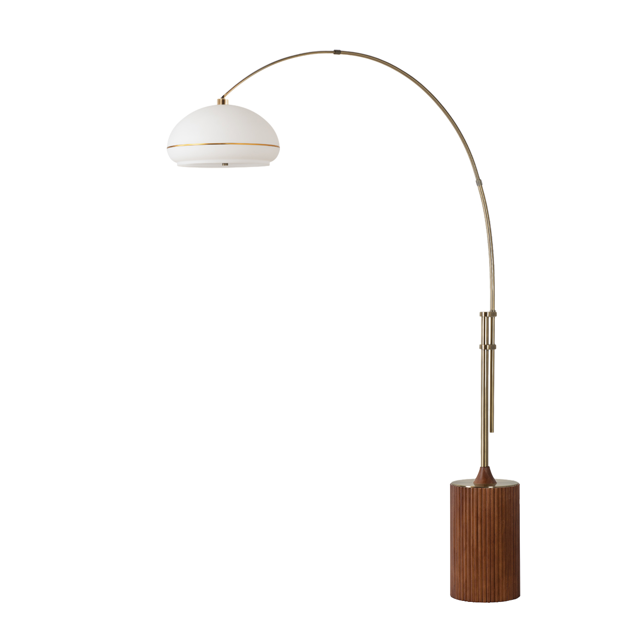 Tambo 92"H 1-Light Arc Lamp, White Lucite Shade, Weathered Brass Steel Body, Dark Walnut Wood Base, Floor Foot Slide Dimmer