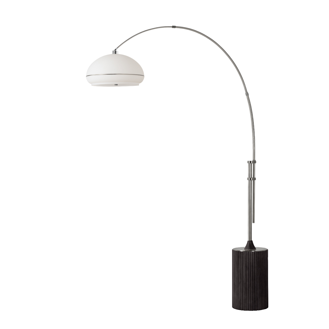Tambo Morelli 92"H 1-Light Arc Lamp, Oval White Lucite Shade, Satin Nickel Steel Body, Steel Wood Base, Floor Foot Slide Dimmer