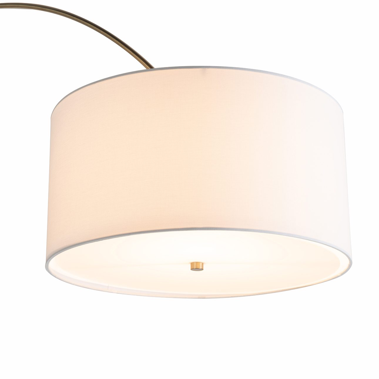 Tambo Arc Floor Lamp - Natural Ash Wood Finish, Weathered Brass, Tambour base, White Linen Shade, Dimmer