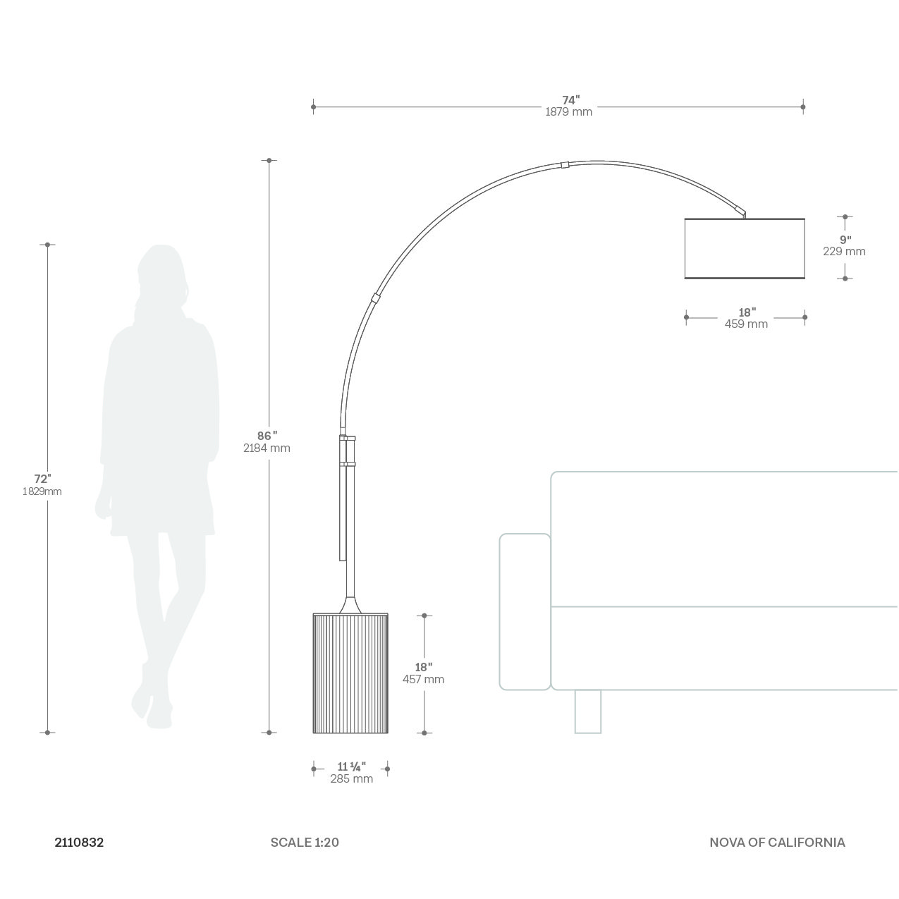 Tambo Arc Floor Lamp - Natural Ash Wood Finish, Weathered Brass, Tambour base, White Linen Shade, Dimmer