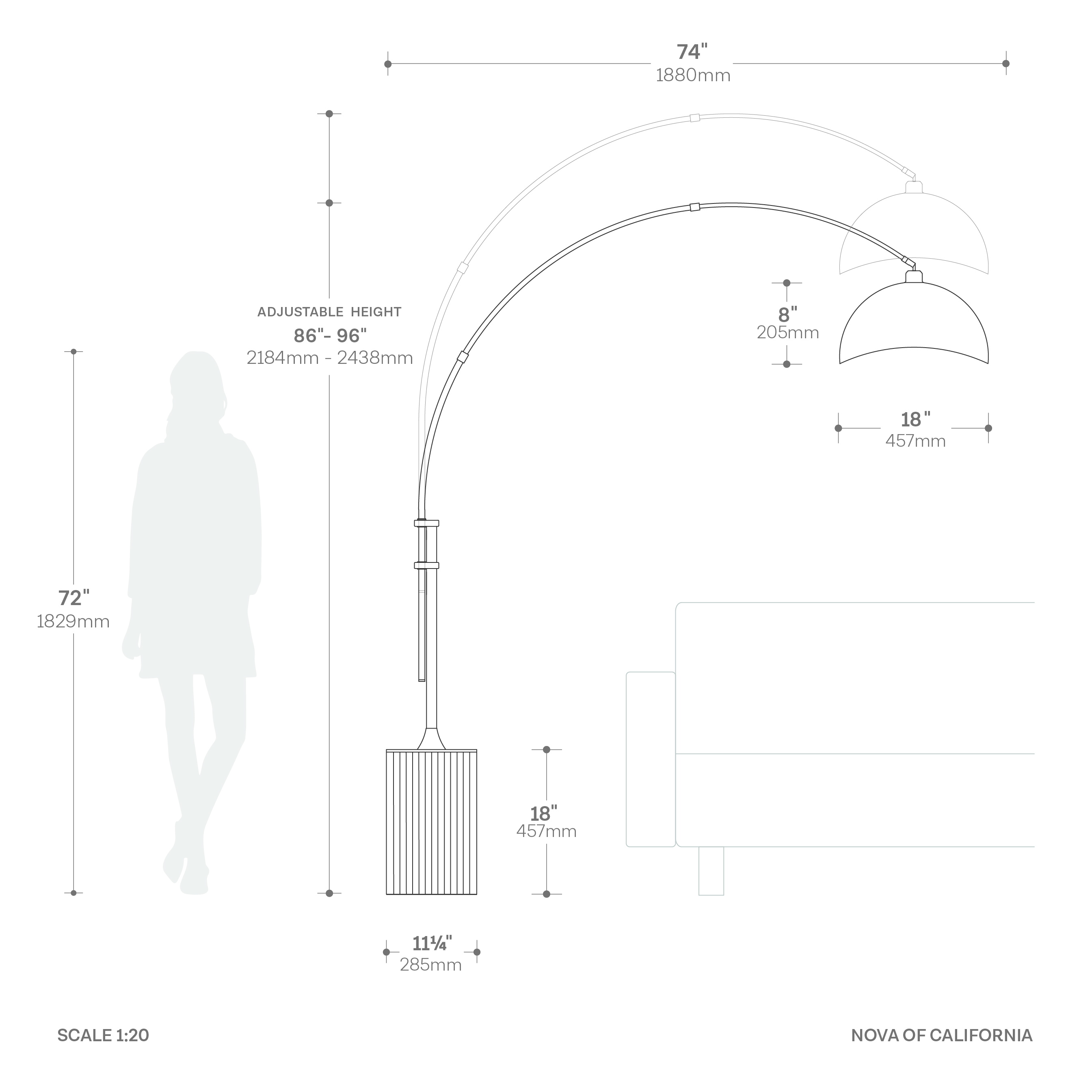 Tambo 92″H 1-Light Arc Lamp, Matte Steel Shade, Weathered Brass Steel Body, Dark Walnut Wood Base, Floor Foot Slide Dimmer