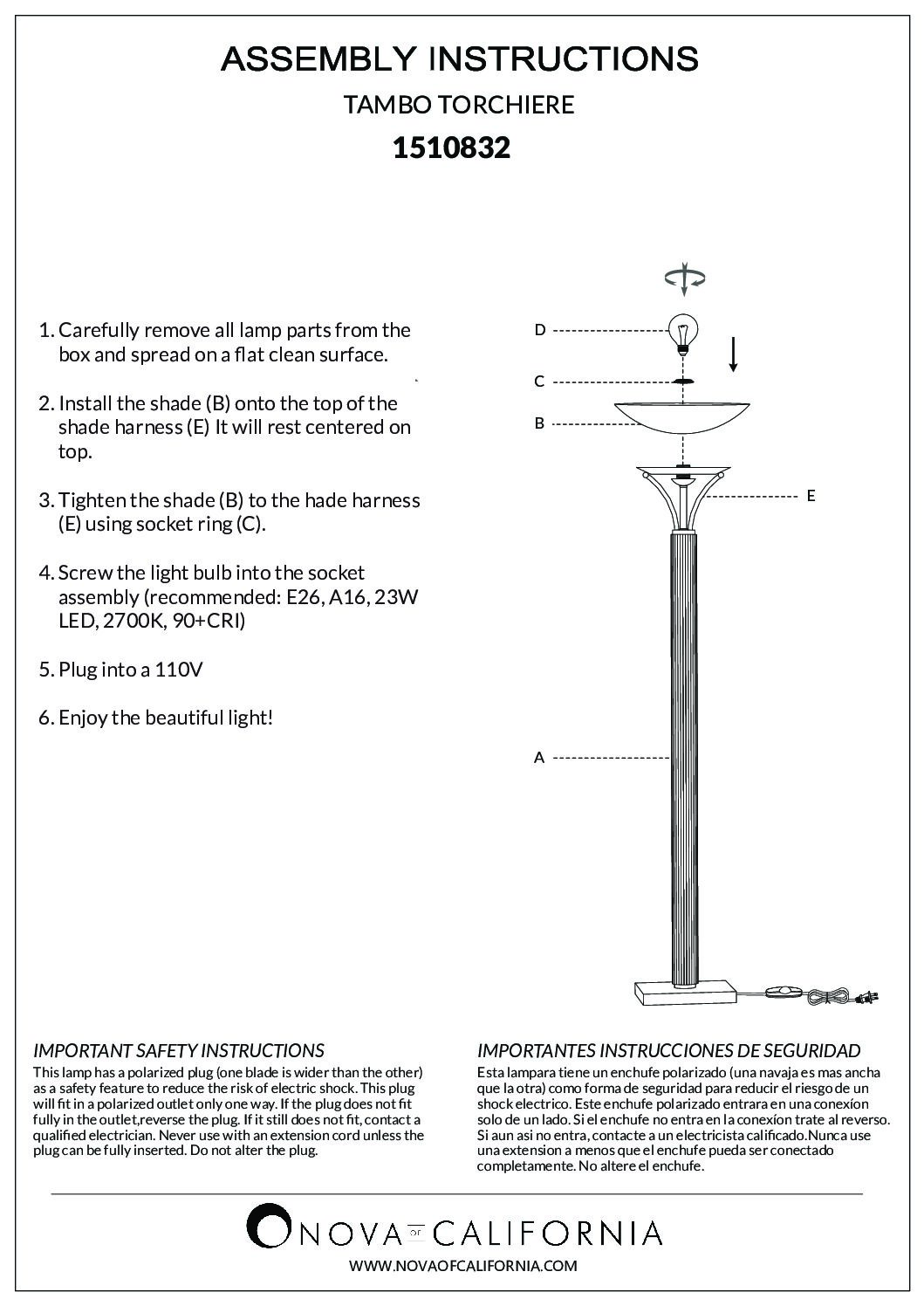 Tambo Modern Torchiere Floor Lamp in Walnut and Brass