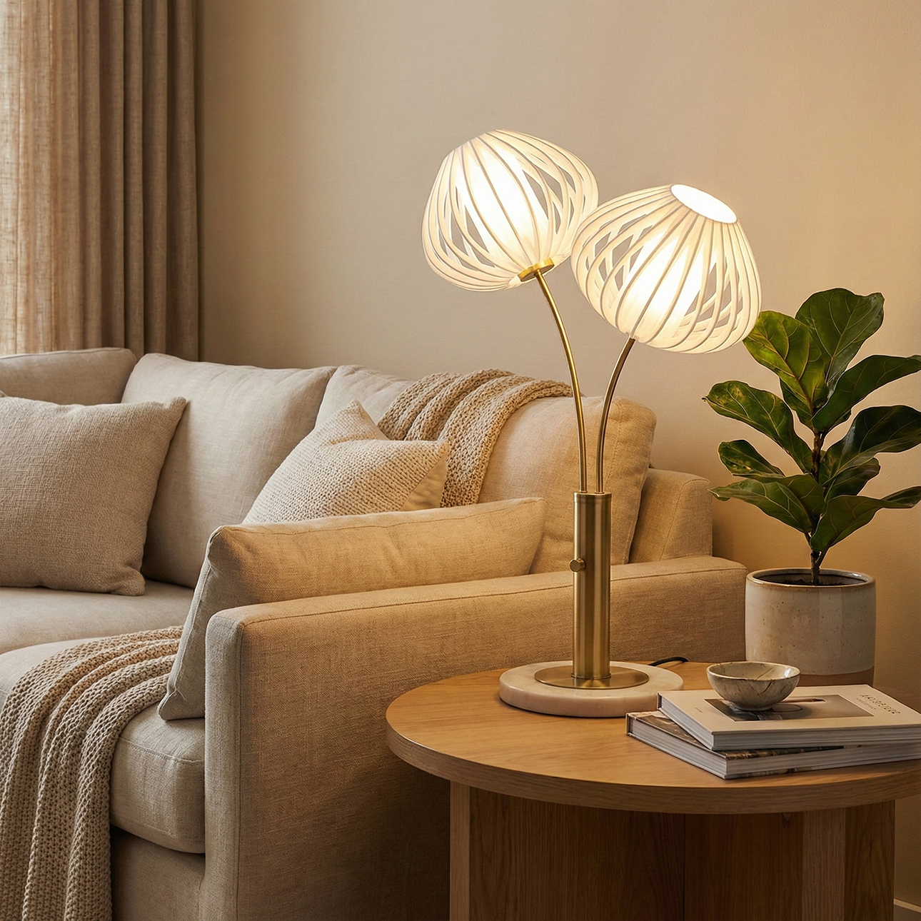 Bloom Two Light Table Lamp in Black Nickel with Black Marble Base