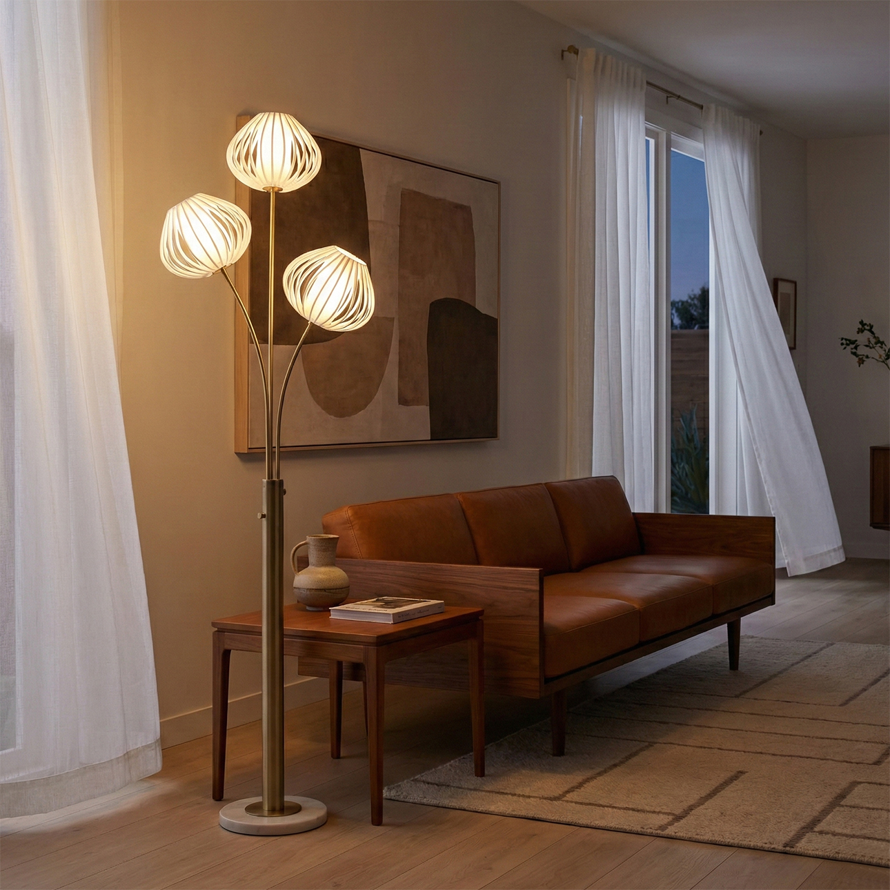 Bloom 3-Light Floor Lamp – Weathered Brass, White Marble Base