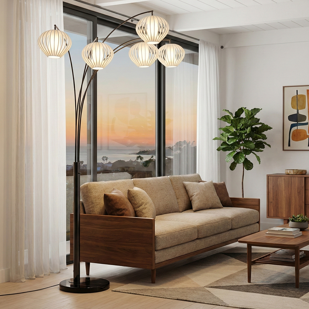 Bloom Five Light Arc Floor Lamp in Black Nickel with Black Marble Base