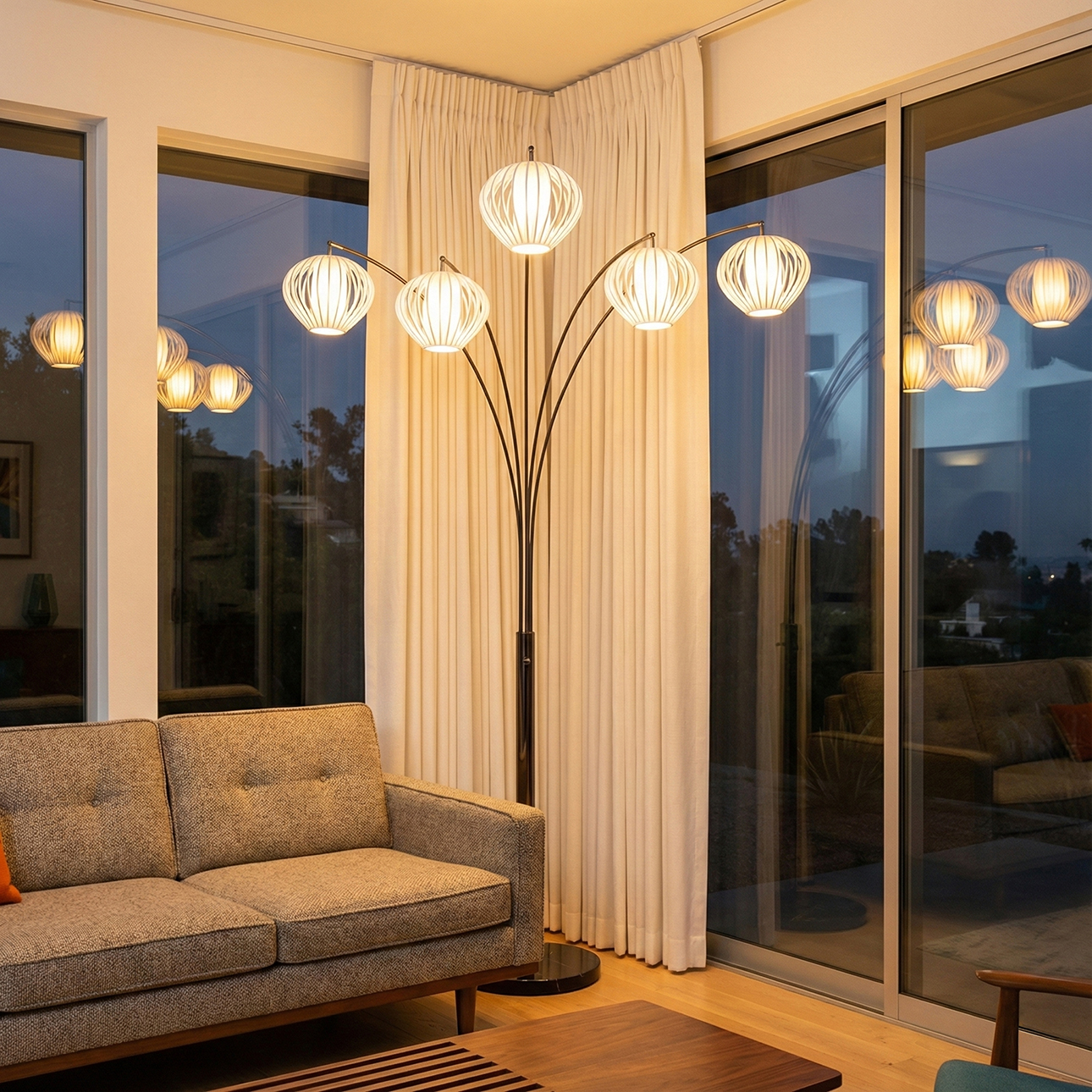 Bloom Five Light Arc Floor Lamp in Black Nickel with Black Marble Base
