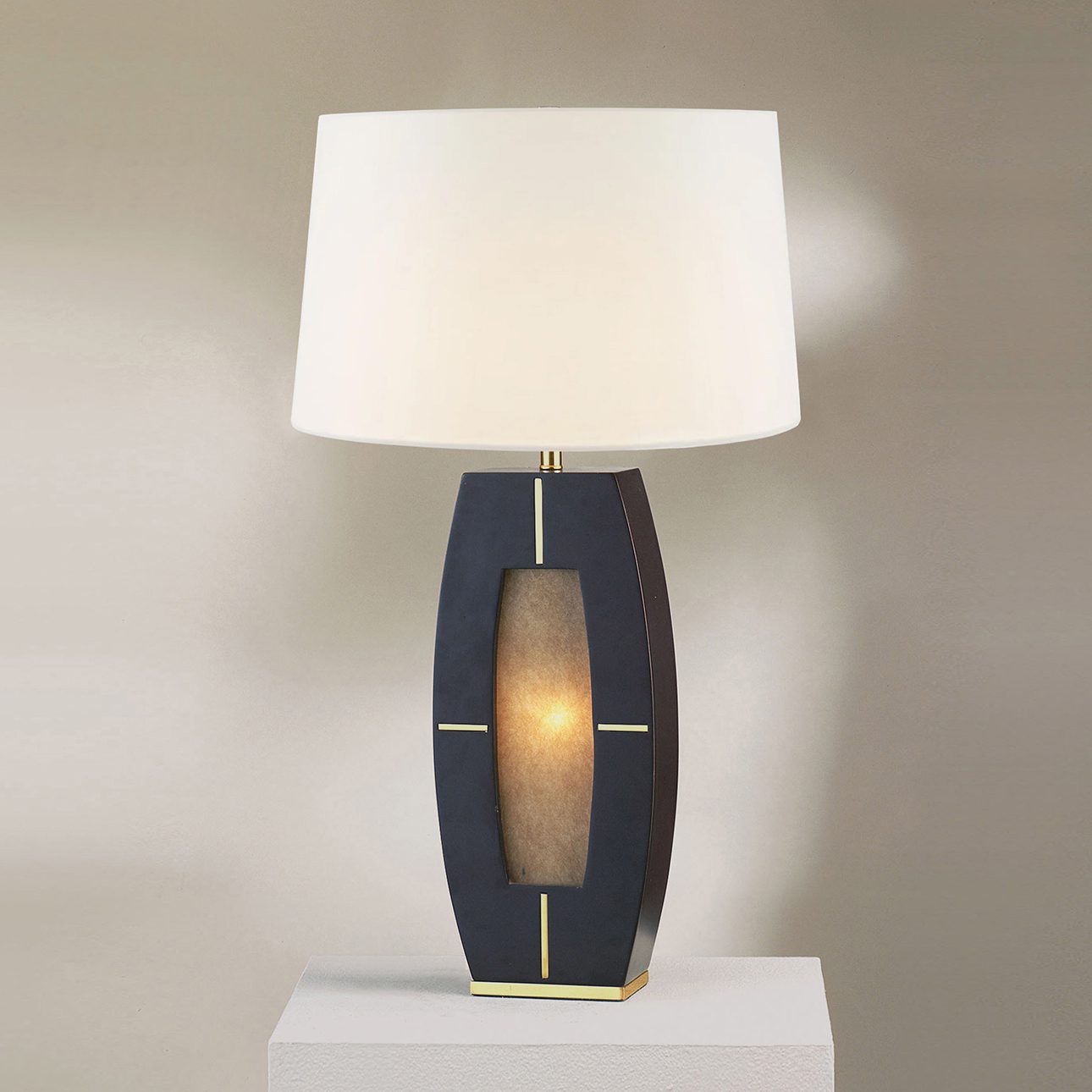 Delacey Table Lamp with Nightlight - Ebony Wood Finish, Weathered Brass, White Linen Shade