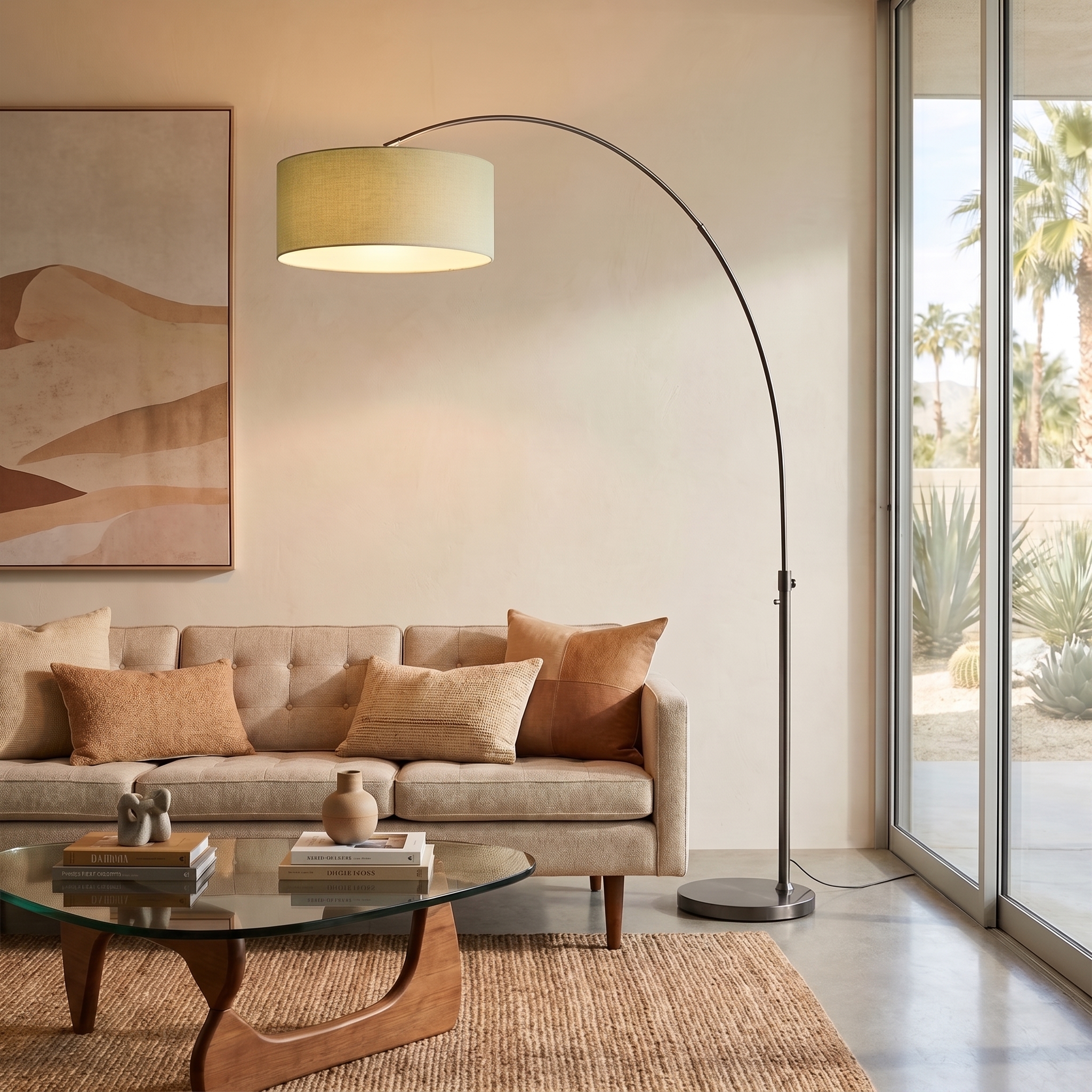 Float 92″ Arc Lamp – Black Nickel, Black Marble Base, Avocado Linen Shade, Dimmable, Bulb Included
