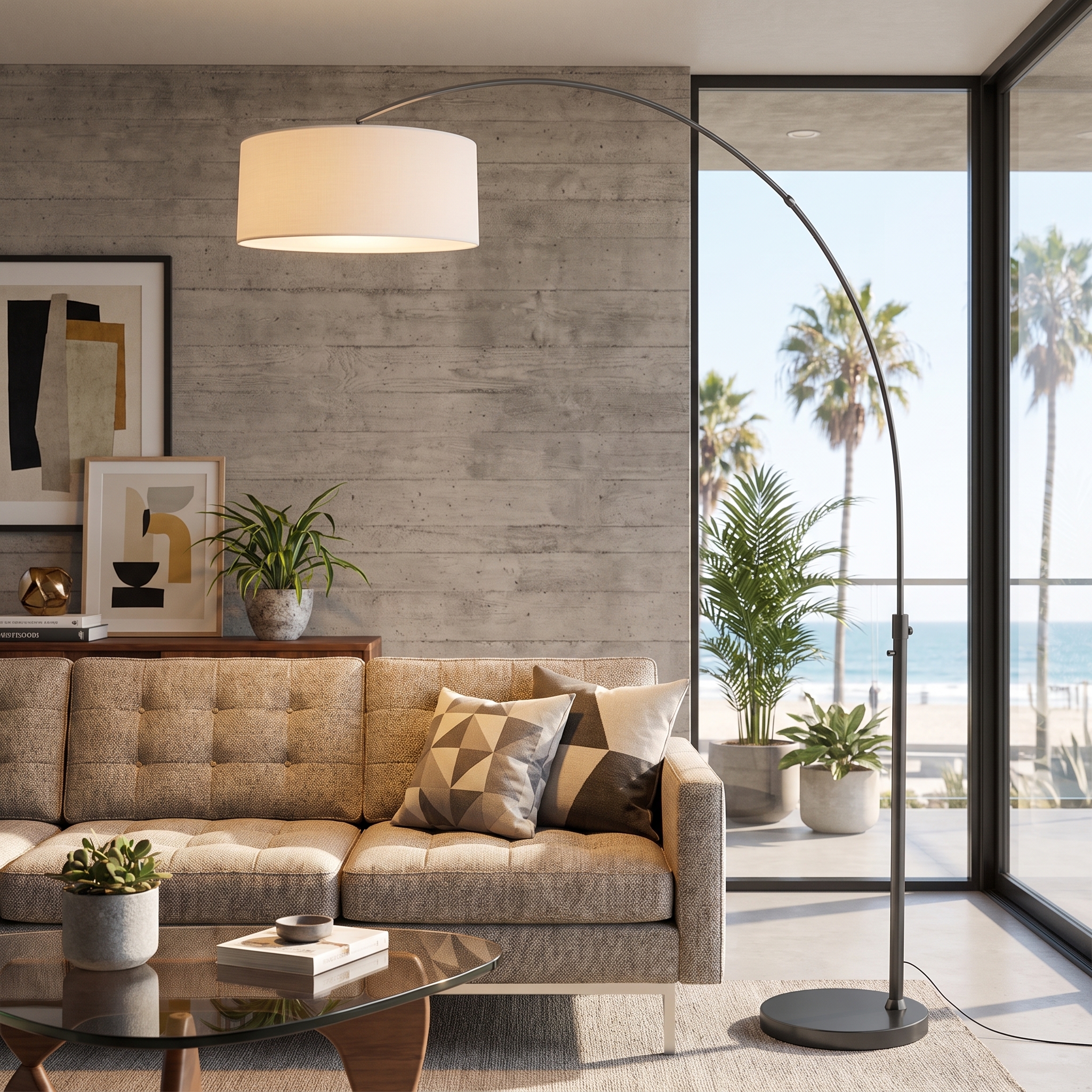 Float 92″H 1-Light Arc Lamp, Linen Drum Shade, Black Marble Base, Black Nickel, Dimmable for Living Room or Bedroom