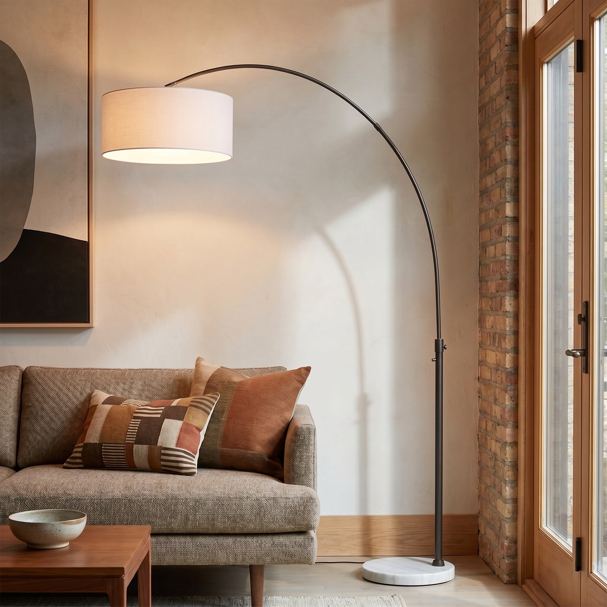 Float 92″H 1-Light Arc Lamp, Linen Drum Shade, White Marble Base, Black Nickel, Dimmable for Living Room or Bedroom
