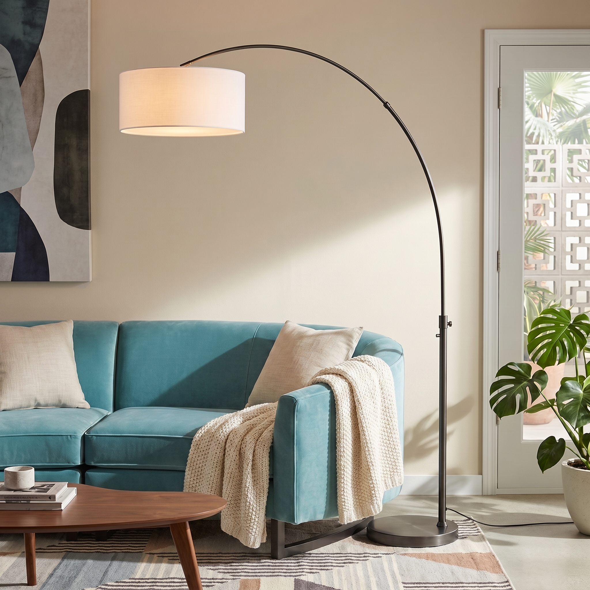 Float 92″H 1-Light Arc Lamp, Linen Drum Shade, Black Nickel, Column Stem Switch