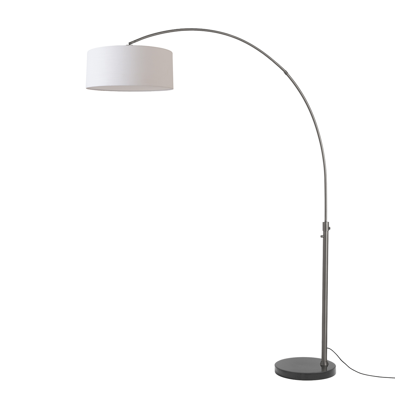 Float 92"H 1-Light Arc Lamp, Drum Linen Shade, Black Nickel Steel Body, Black Marble Base, Column Stem Switch