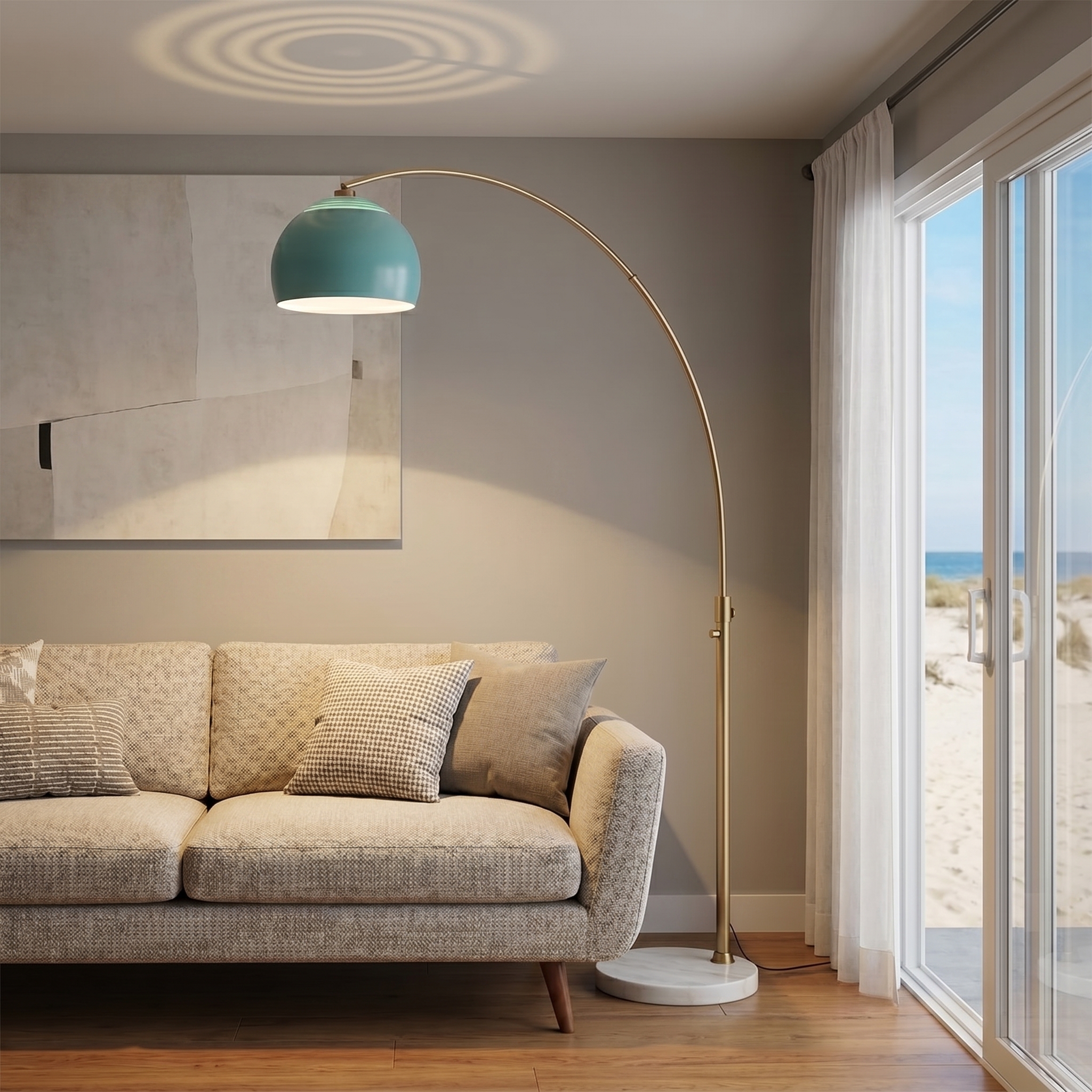 Float Half Dome 92″H 1-Light Arc Lamp, Half Dome Pool Blue Shade, Weathered Brass Body, White Marble Base, Dimmable, for Living Room or Bedroom
