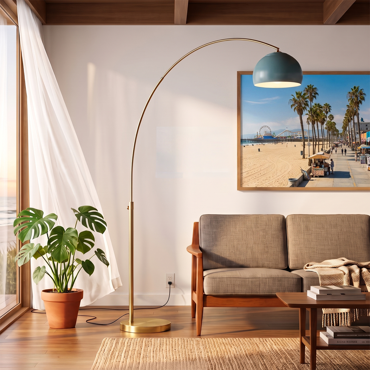 Float Half Dome 92″H 1-Light Arc Lamp, Half Dome Pool Blue Shade, Weathered Brass Body, Dimmable, for Living Room or Bedroom