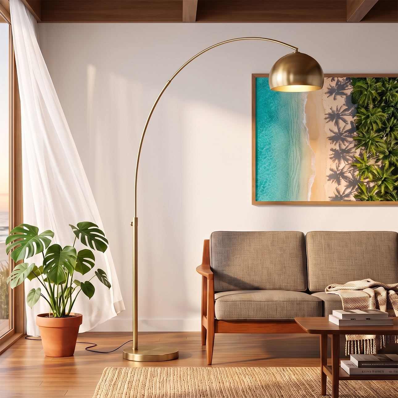 Float 92″H 1-Light Arc Lamp, Weathered Brass Shade,Base & Body, Dimmable, for Living Room or Bedroom