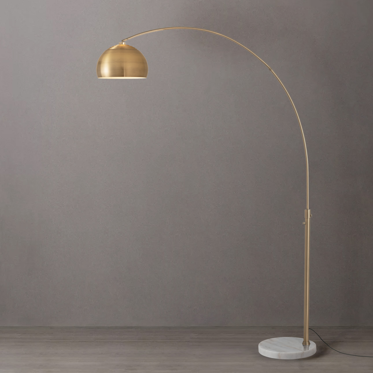 Float 92″H 1-Light Arc Lamp, Drum Burlap Linen Shade, Weathered Brass Steel Body, White Marble Base, Column Stem Switch