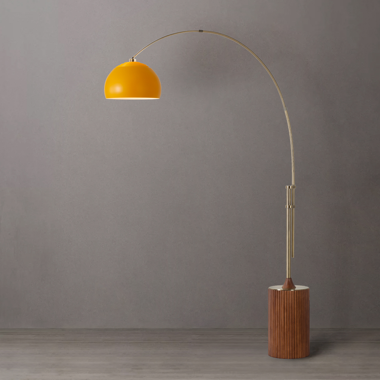 Tambo Half Dome Adjustable 1-Light Arc Lamp, Mustard Shade, Weathered Brass, Dark Walnut Base, Dimmable
