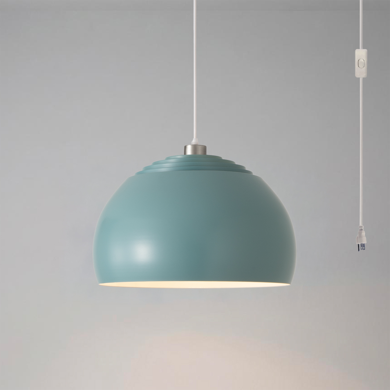 Half Dome Swag Lamp, Pool Blue Steel Shade, Satin Nickel, for Living Room or Bedroom