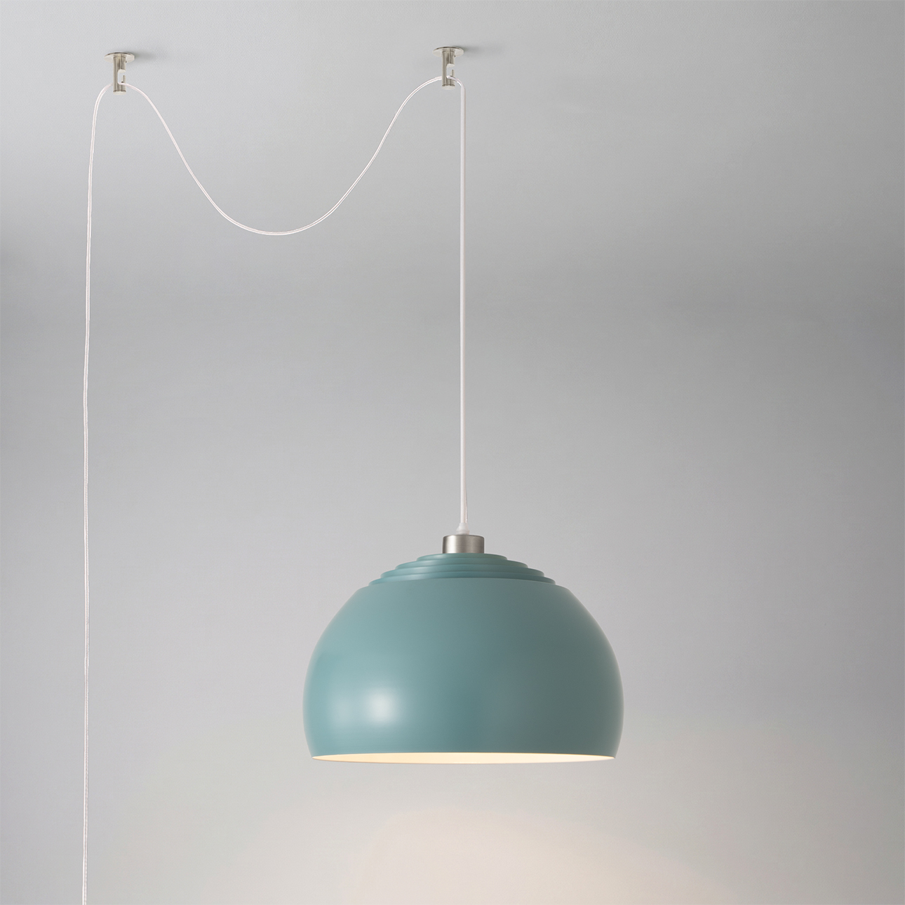 Half Dome Swag Lamp, Pool Blue Steel Shade, Satin Nickel, for Living Room or Bedroom