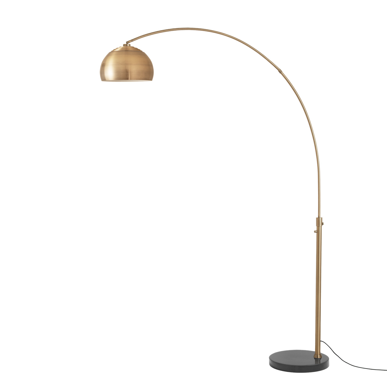 Float Half Dome 92"H 1-Light Arc Lamp, Weathered Brass Steel Shade, Weathered Brass Steel Body, Black Marble Base, Column Stem Switch
