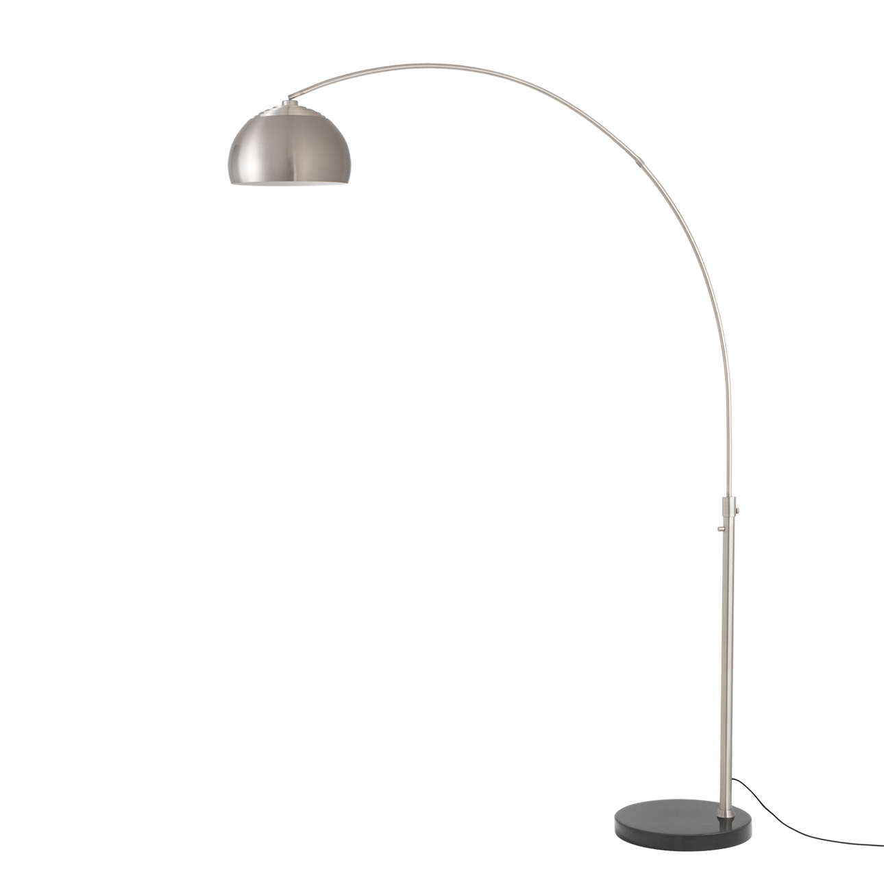 Half Dome 92"H 1-Light Arc Lamp, Steel Shade, Satin Nickel Steel Body, Black Marble Base, Column Stem Switch