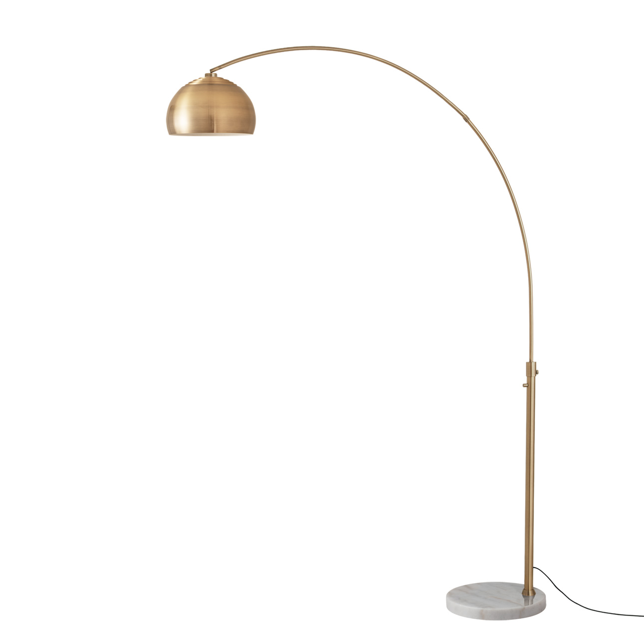 Float 92"H 1-Light Arc Lamp, Drum Burlap Linen Shade, Weathered Brass Steel Body, White Marble Base, Column Stem Switch