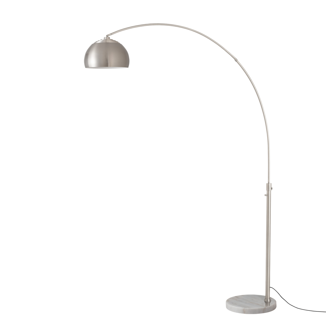 Half Dome 92"H 1-Light Arc Lamp, Satin Nickel Steel Shade, Satin Nickel Steel Body, White Marble Base, Column Stem Switch