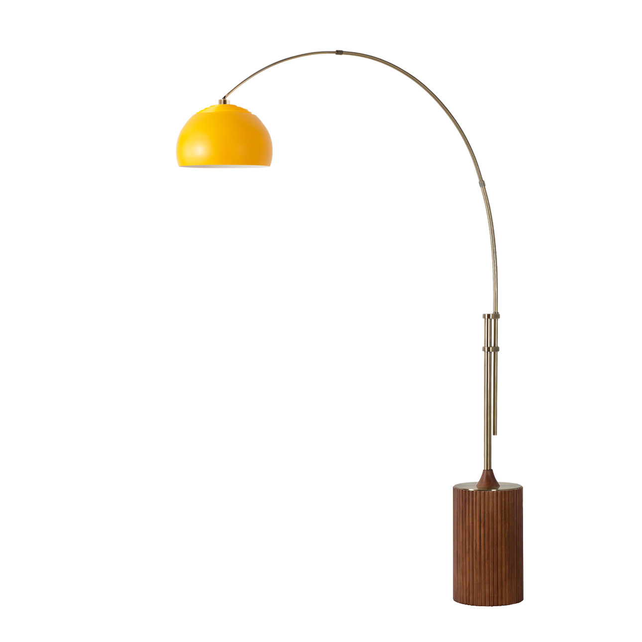 Tambo Half Dome Adjustable 1-Light Arc Lamp, Mustard Shade, Weathered Brass, Dark Walnut Base, Dimmable