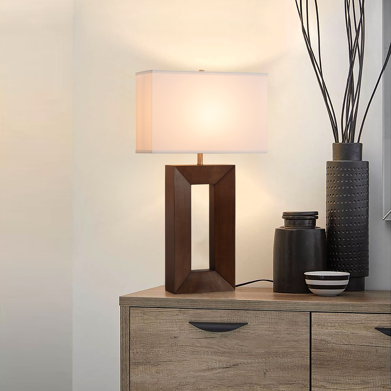 Julie Standing Table Lamp in Dark Walnut/Ebony Wood with Warm Glow