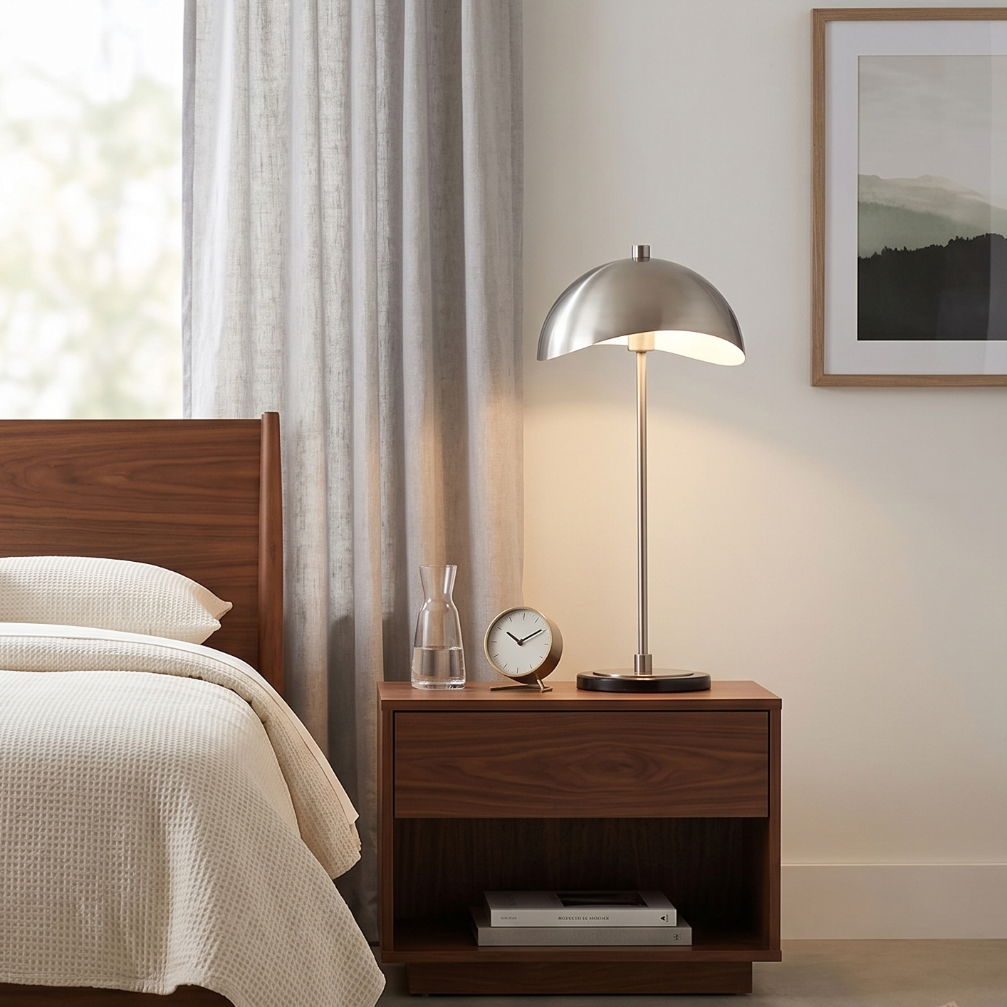 Luna Bella Slimline Table Lamp – Satin Nickel Steel, Black Marble Base, Matte White Steel Shade, Dimmable, Bulb Included