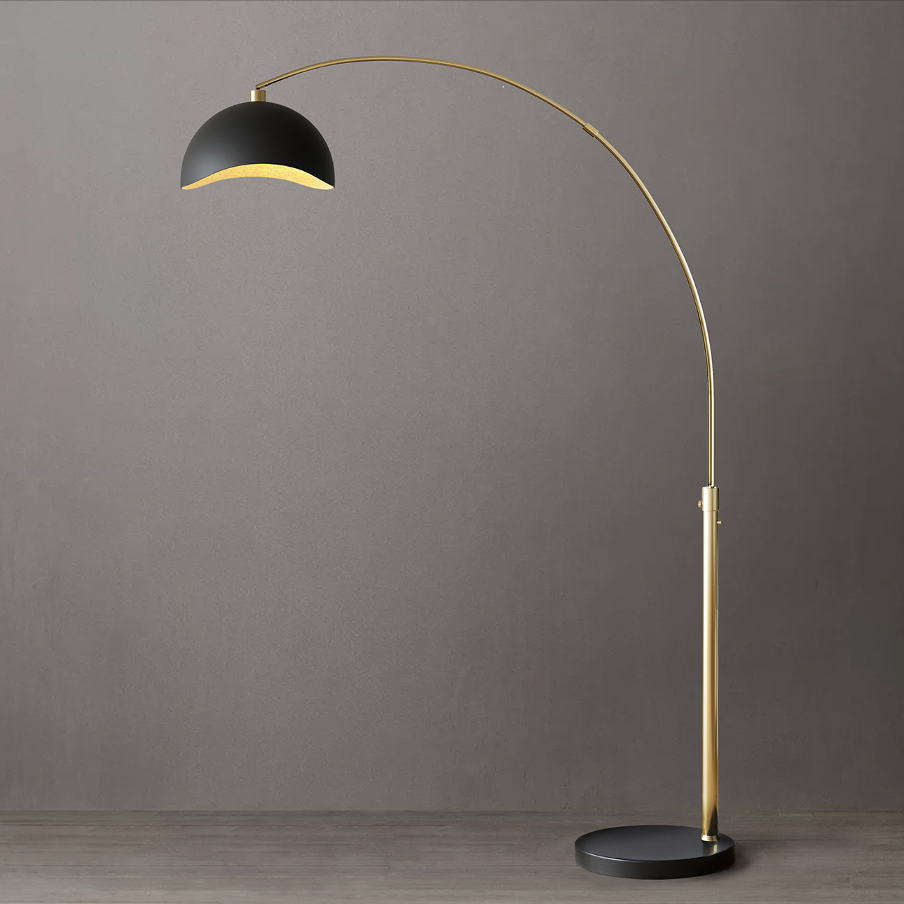 Luna Bella Arc Floor Lamp - 92", Weathered Brass, Matte Black/Gold Leaf Shade, Marble base, Dimmer Switch