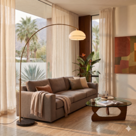 Simple Morelli 85"H 1-Light Arc Lamp, Lucite Shade, Column Stem Switch