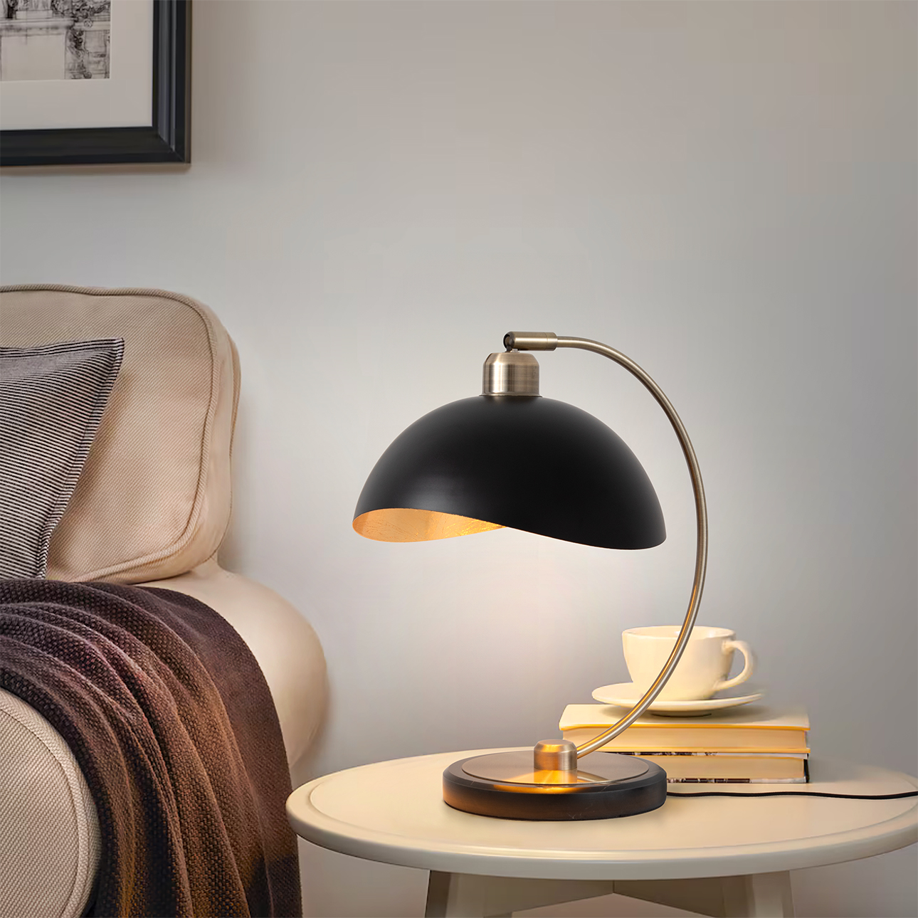 Luna Bella Mini Accent Table Lamp in Weathered Brass and Matte Black with Black Marble Base