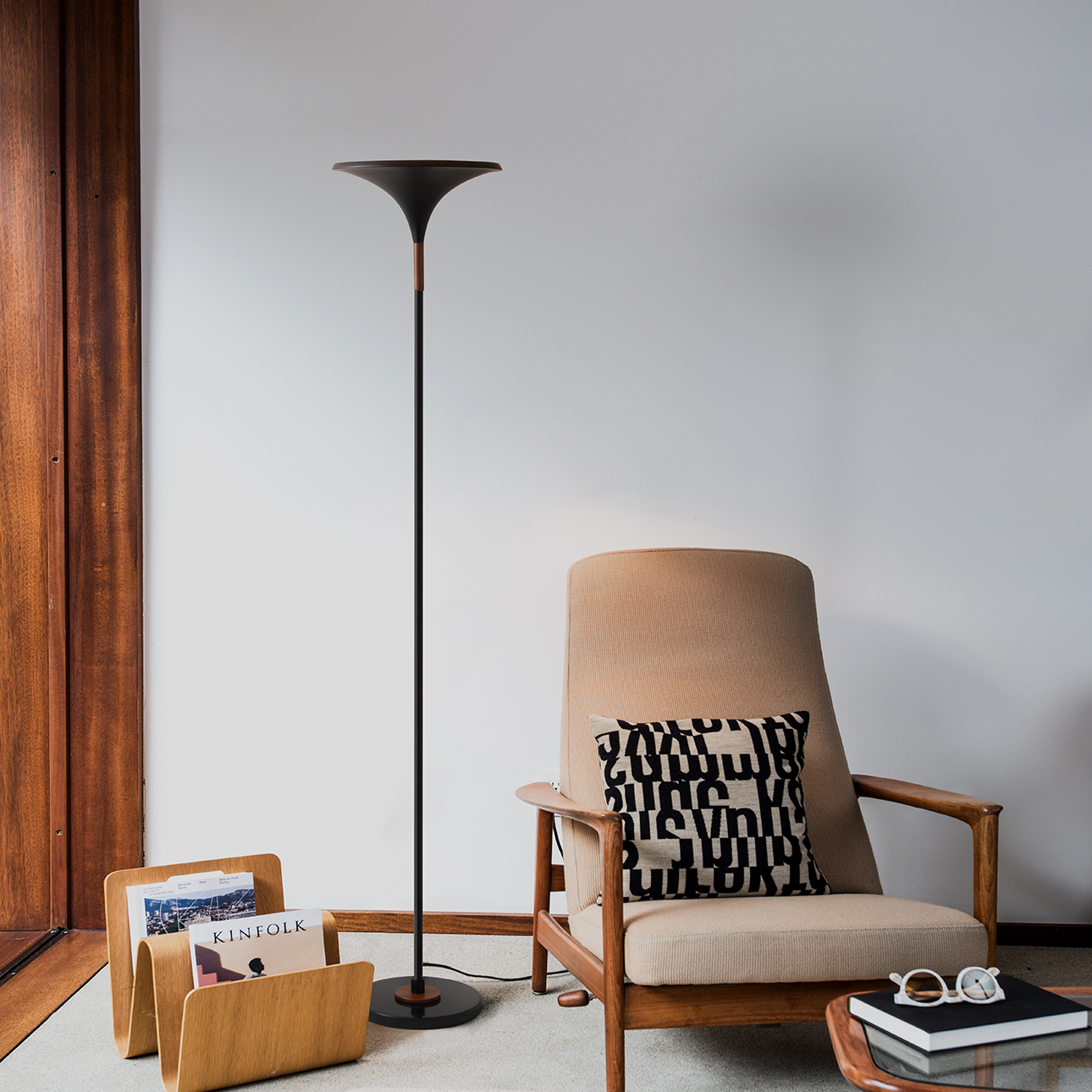 Lodi Torchiere Floor Lamp in Matte Black with Hammered Gold Leaf Shade
