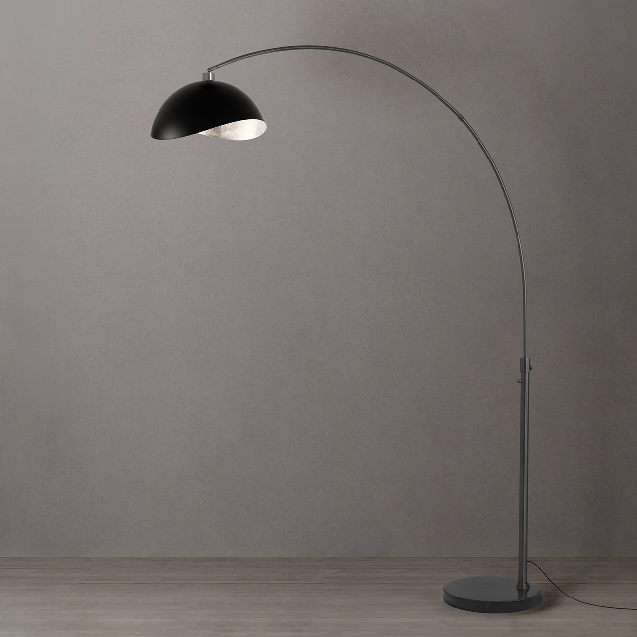 Half Dome 92″H 1-Light Arc Lamp, Steel Shade, Black Nickel Steel Body, Black Marble Base, Column Stem Switch