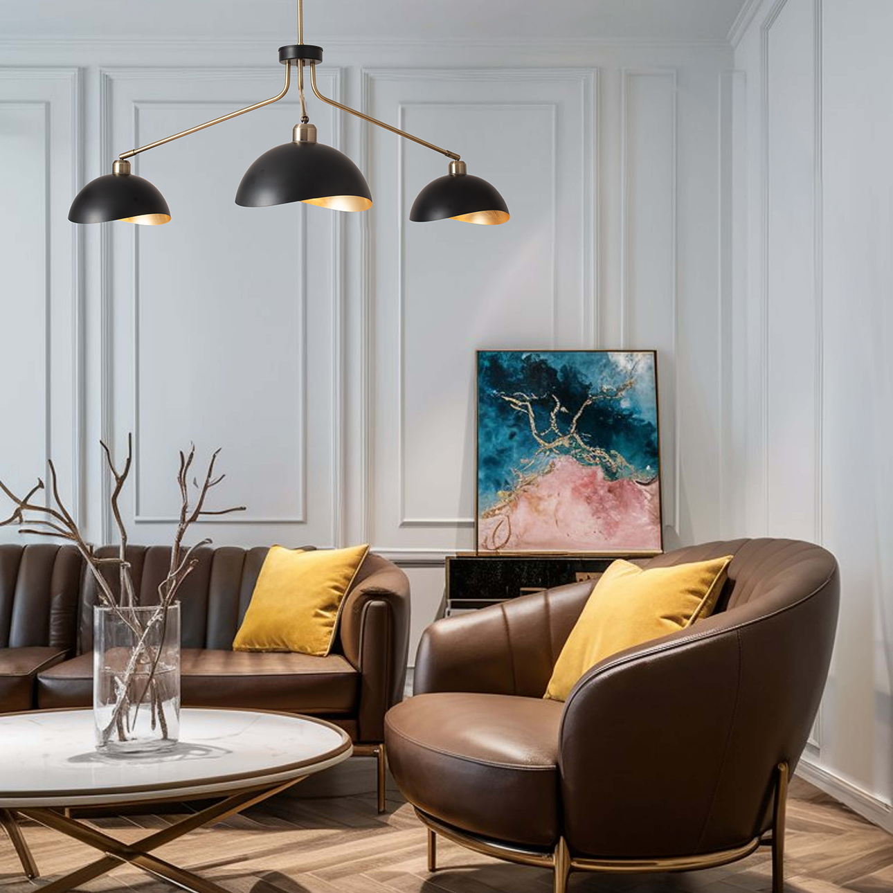 Luna Bella Three Light Chandelier in Weathered Brass and Matte Black