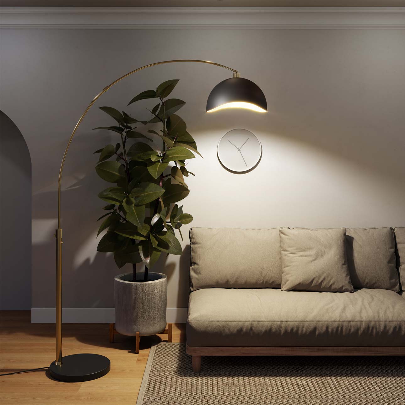 Luna Bella Arc Floor Lamp - Brass, Matte Black & Gold Leaf Shade