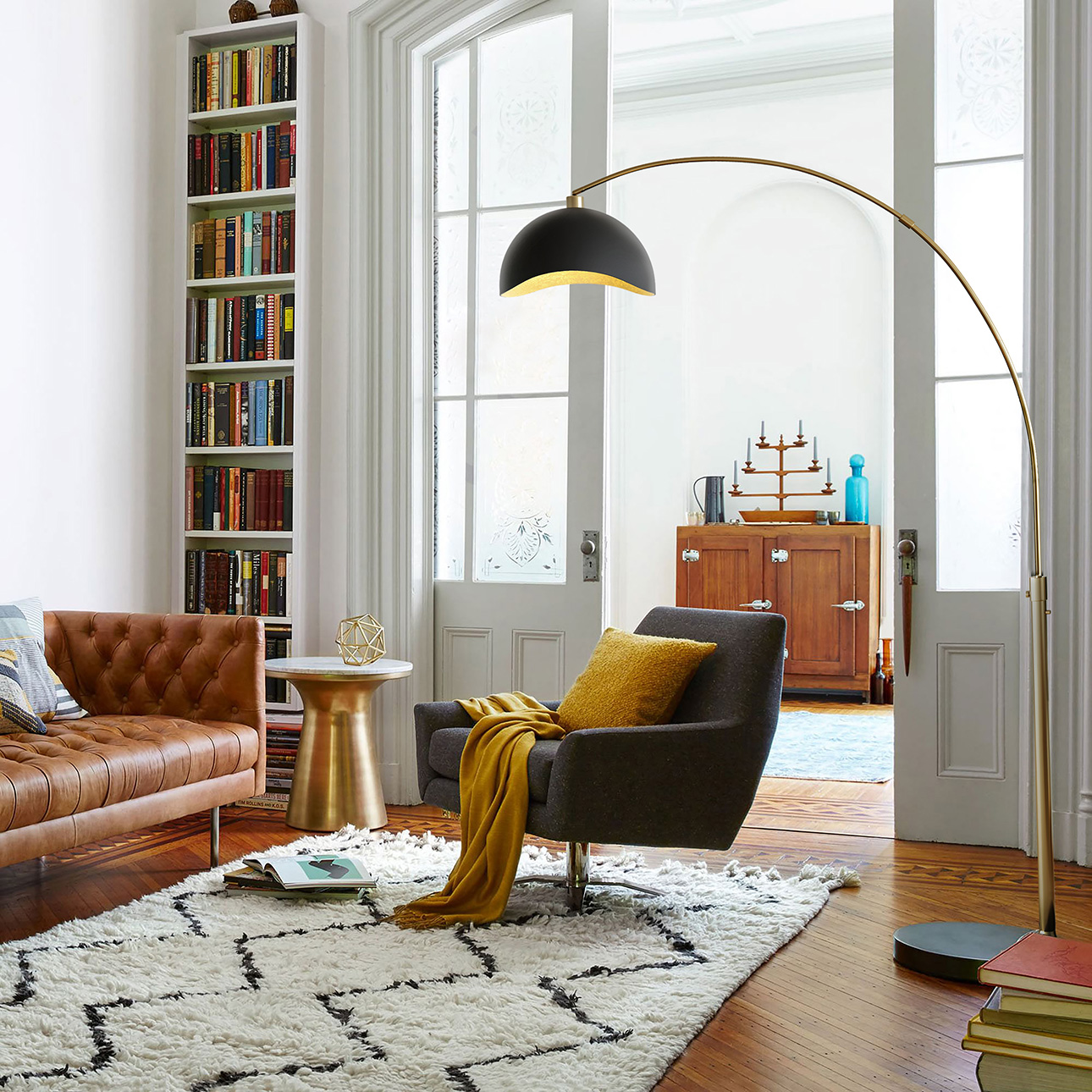 Luna Bella Arc Floor Lamp - Brass, Matte Black & Gold Leaf Shade