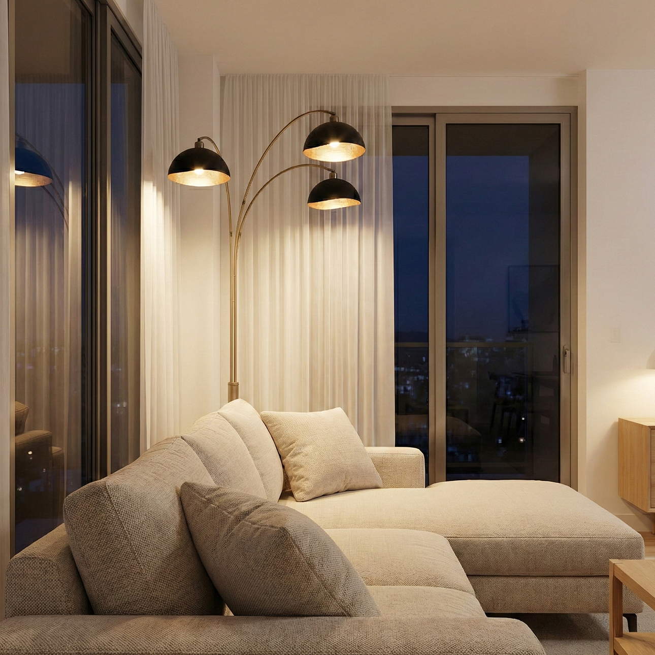 Luna Bella Three Light Arc Floor Lamp in Matte Black Weathered Brass with Black Marble Base