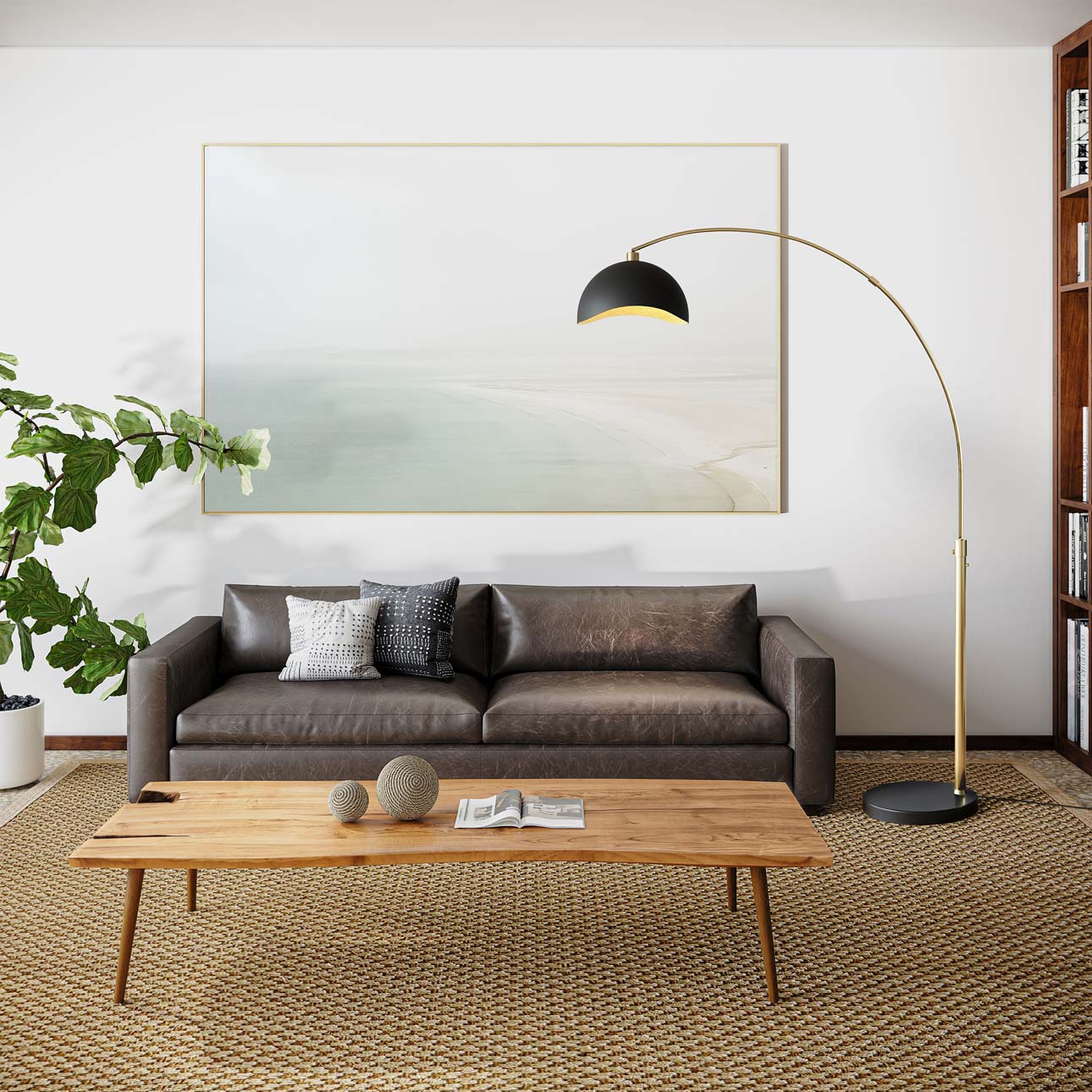 Luna Bella Arc Floor Lamp - Brass, Matte Black & Gold Leaf Shade
