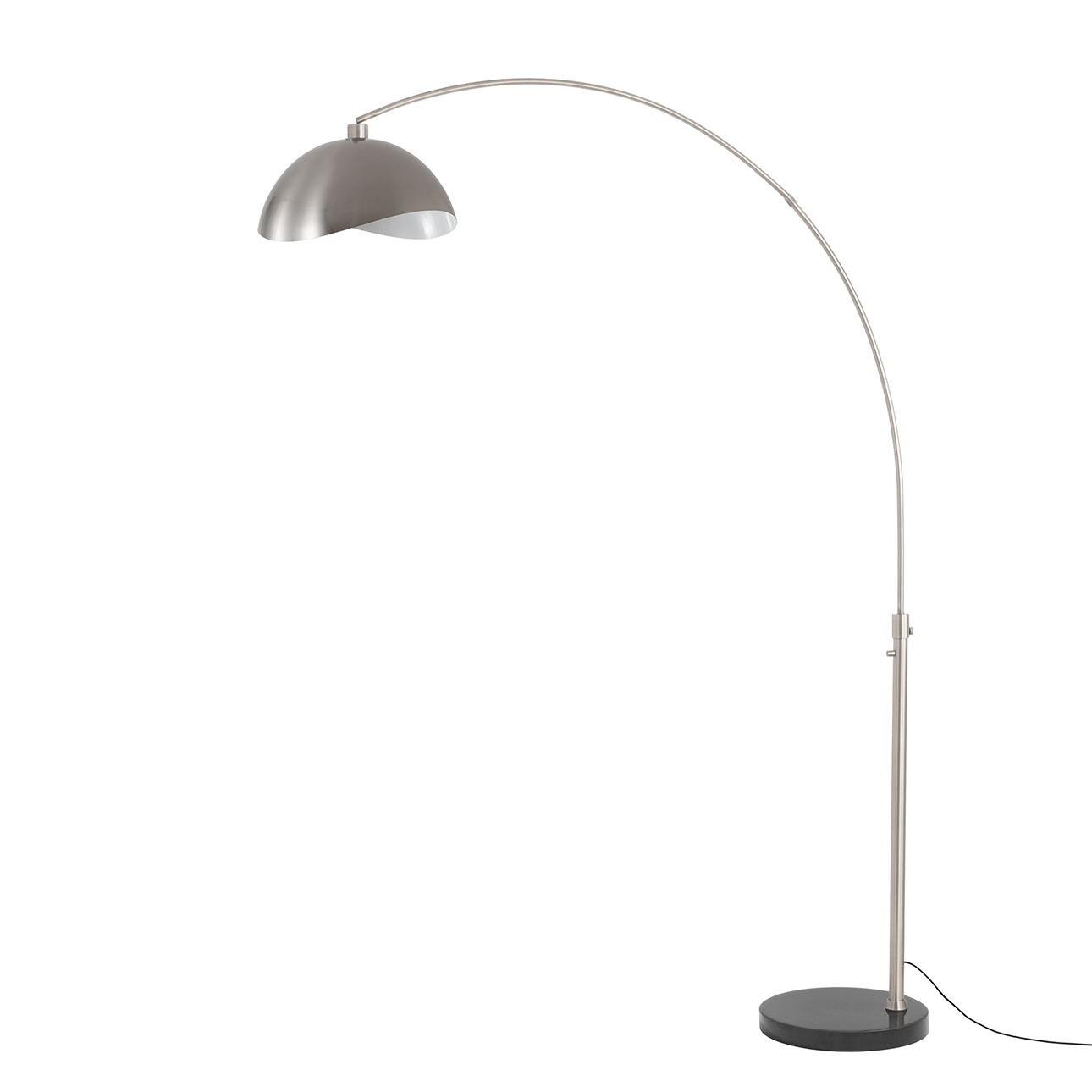 Luna Bella 92"H 1-Light Arc Lamp, Steel Shade, Satin Nickel Steel Body, Black Marble Base, Column Stem Switch