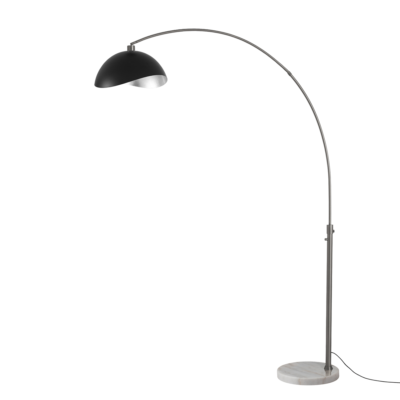 Float Luna Bella 92"H 1-Light Arc Lamp, matte Black/Silver Steel Shade, Black Nickel Steel Body, White Marble Base, Column Stem Switch