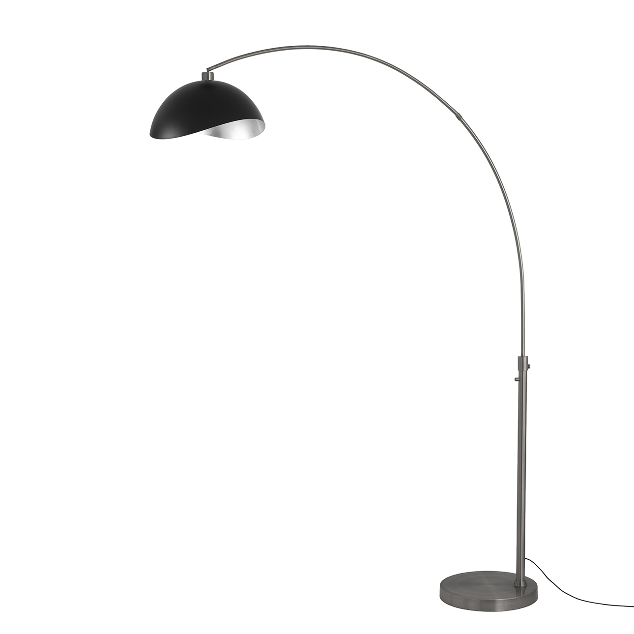 Float Luna Bella 92"H 1-Light Arc Lamp, Matte Black/Silver Steel Shade, Black Nickel Steel Body, Black Nickel Steel Base, Column Stem Switch