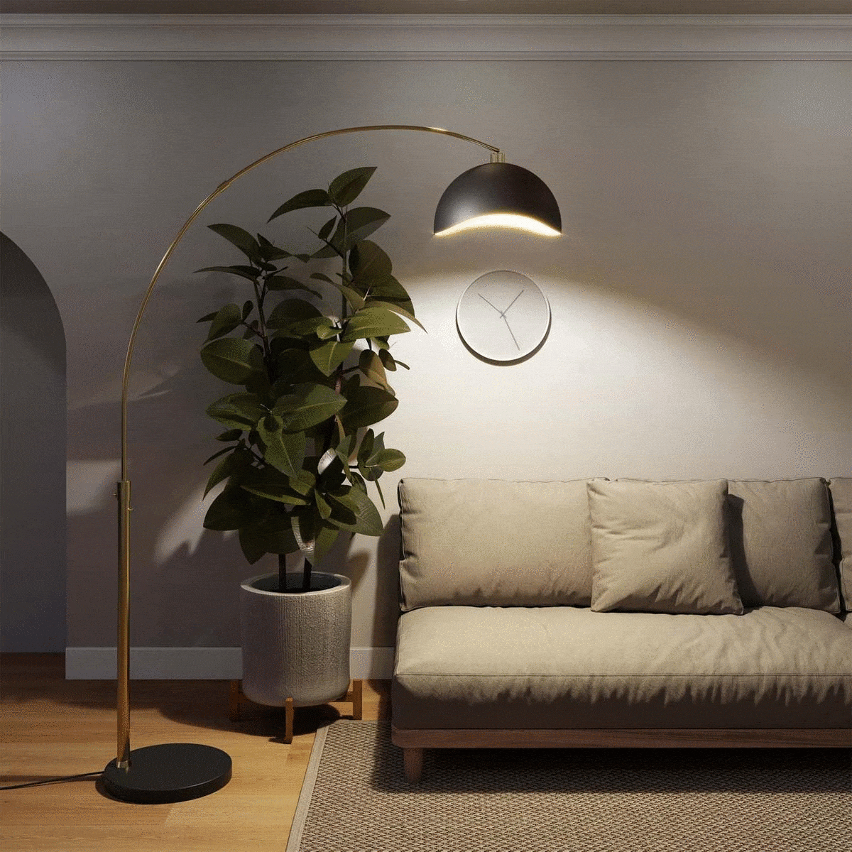 Luna Bella Arc Floor Lamp - Brass, Matte Black & Gold Leaf Shade