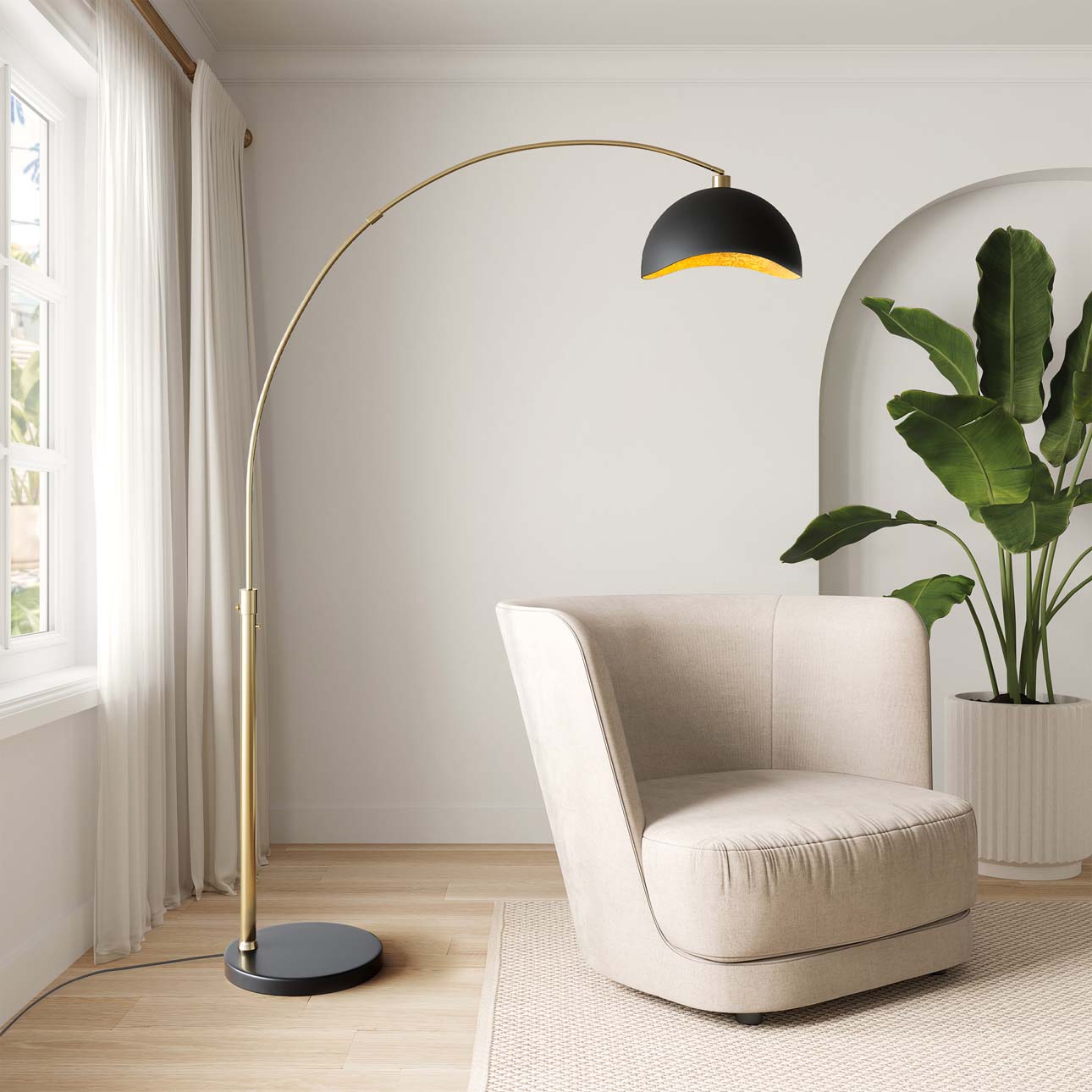 Luna Bella Arc Floor Lamp - Brass, Matte Black & Gold Leaf Shade