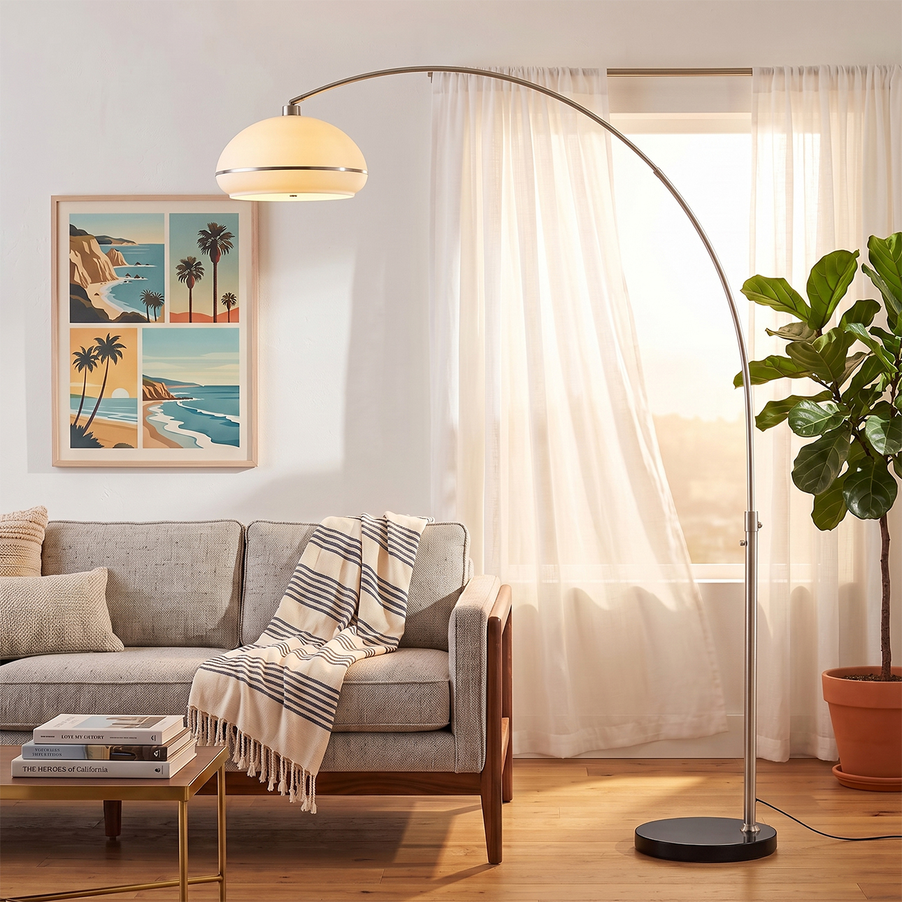 Tambo 92″H 1-Light Arc Lamp, Matte Black/Silver Steel Shade, Satin Nickel Steel Body, Black Oak Wood Base, Floor Foot Slide Dimmer